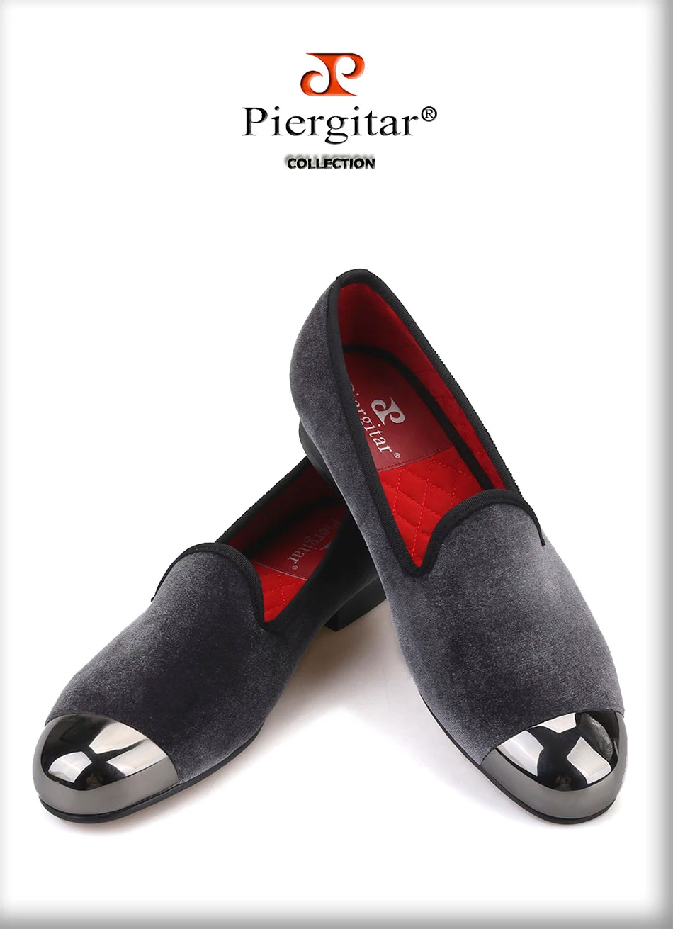Piergitar gray color men velvet shoes with gun toe metal fashion party and wedding men loafers handmade men's smoking slippers