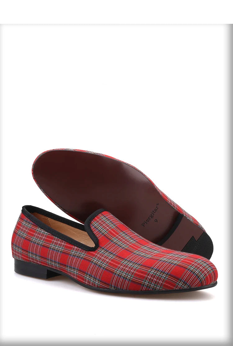 New Handmade Scottish plaid Men Fabric Shoes Men Casual Loafers Plus-Size Classic Smoking Flats