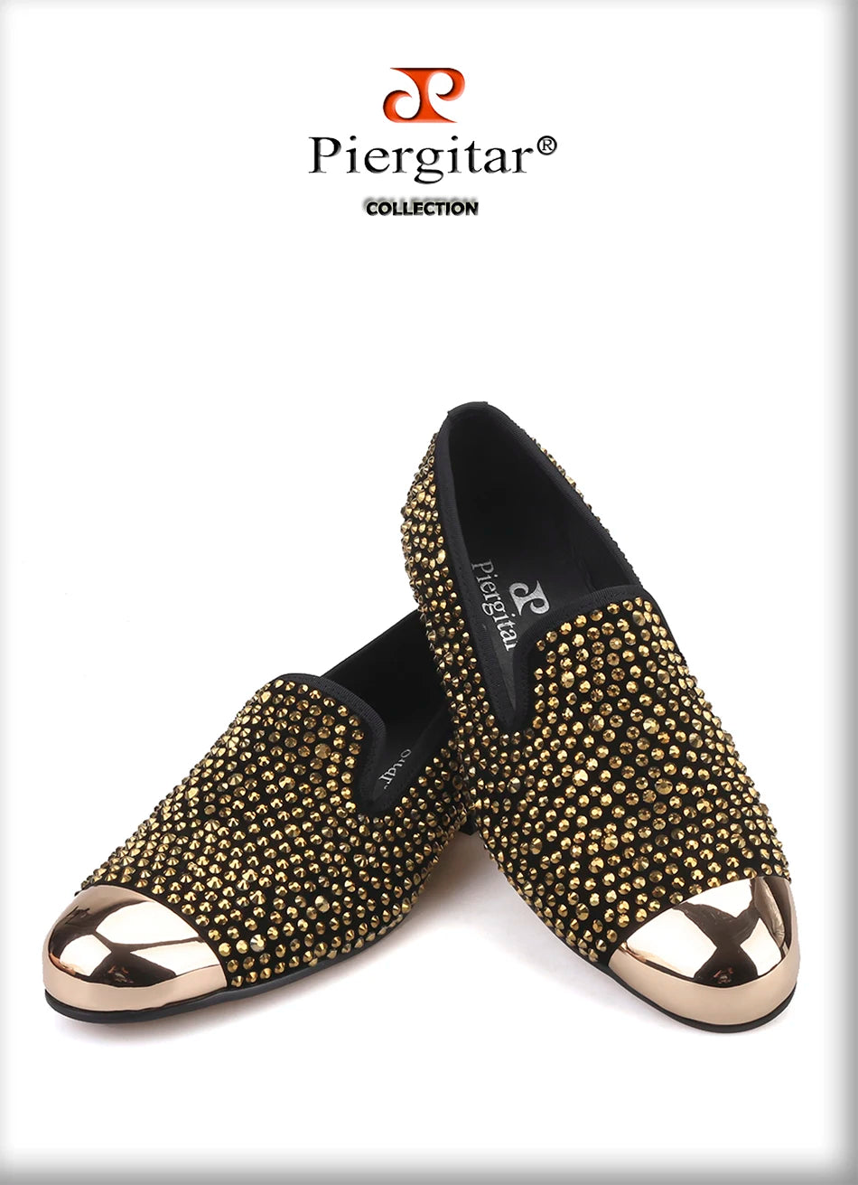 Piergitar gold metal toe and crystal men loafers handmade men's leather smoking slippers party and wedding men dress shoes