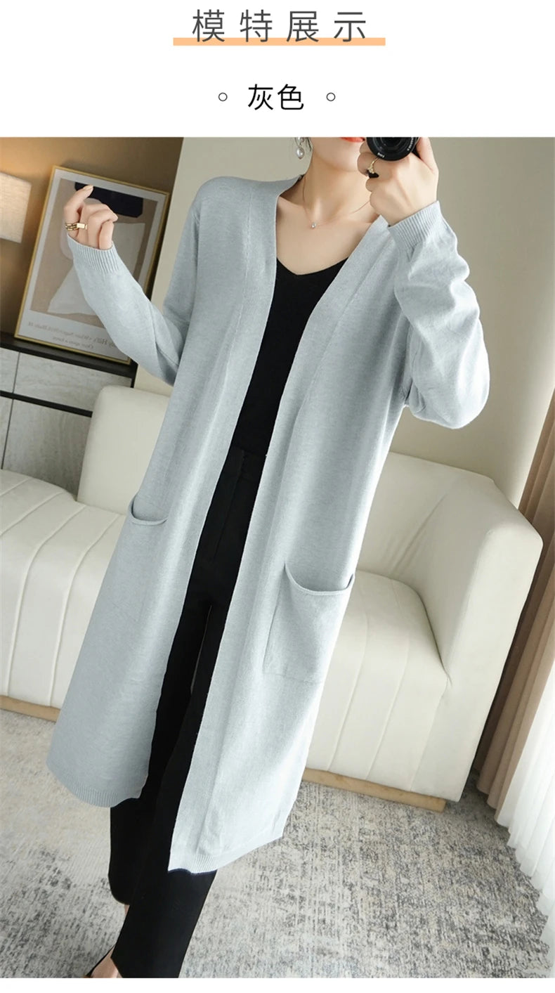 YSC New style Women Knitted Cashmere wool blend Cardigan V collar Super long style Buttonless pocket trim High-quality Cardigan