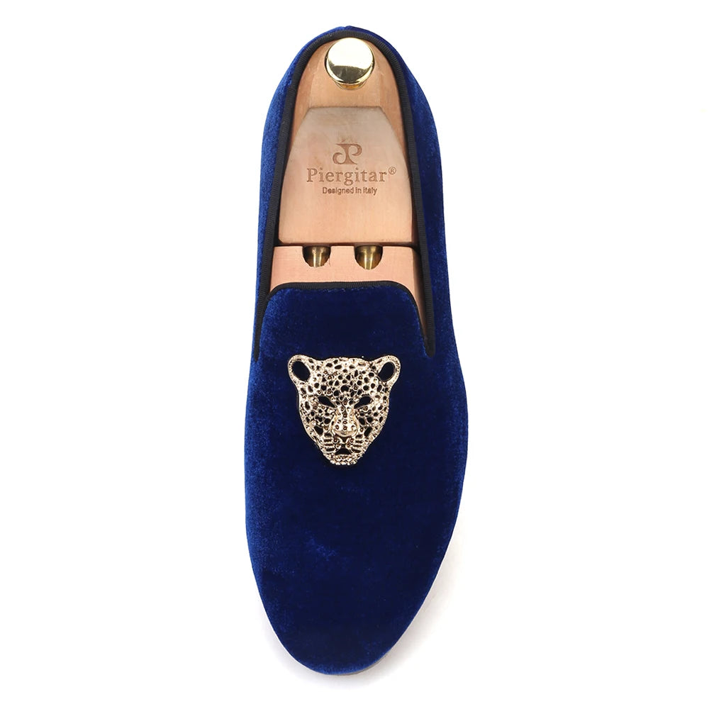 Piergitar leopard metal buckle men velvet shoes fashion party and wedding men loafers handmade men's smoking slippers plus size