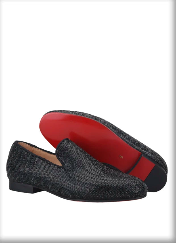 Handmade men's smoking slippers and loafers in red bottoms for weddings and parties.