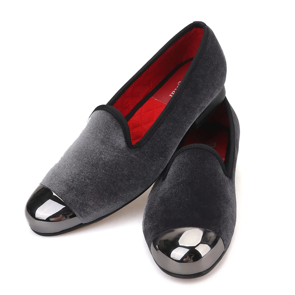 Piergitar gray color men velvet shoes with gun toe metal fashion party and wedding men loafers handmade men's smoking slippers