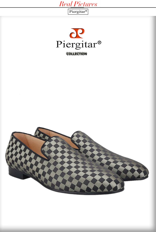 Piergitar 2022 Four Colors Checkerboard Print Silk Handmade Men's Loafers Classic British Style Man Smoking Slippers For Party