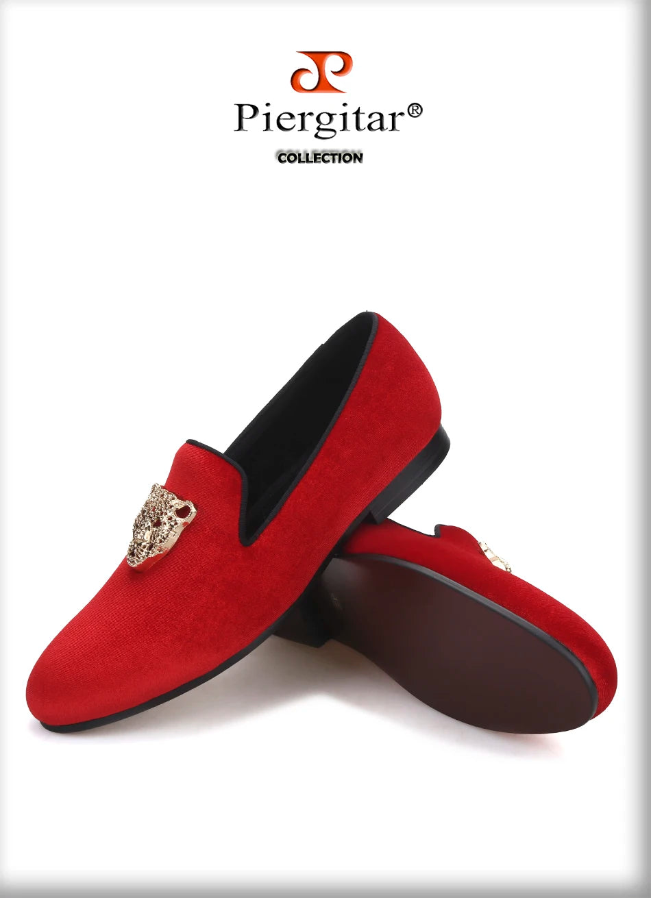 Piergitar leopard metal buckle men velvet shoes fashion party and wedding men loafers handmade men's smoking slippers plus size