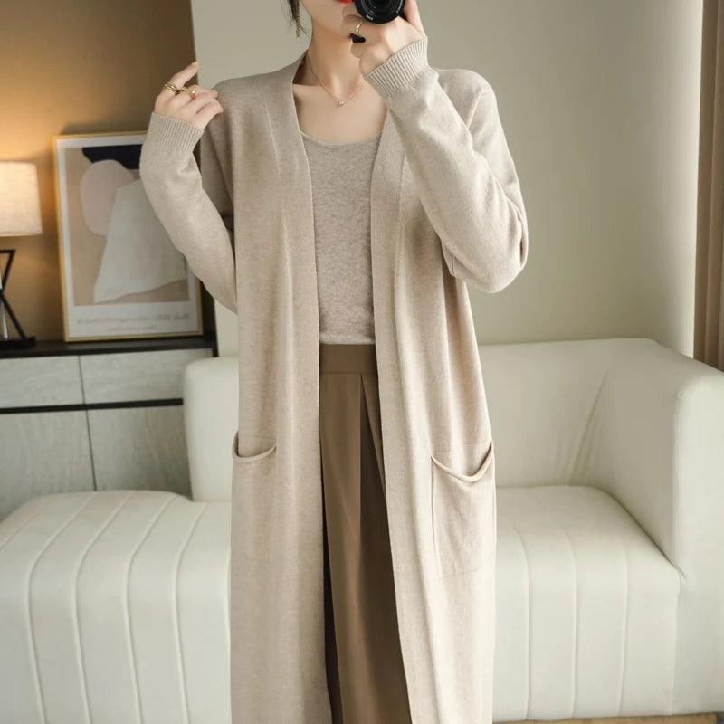 YSC New style Women Knitted Cashmere wool blend Cardigan V collar Super long style Buttonless pocket trim High-quality Cardigan