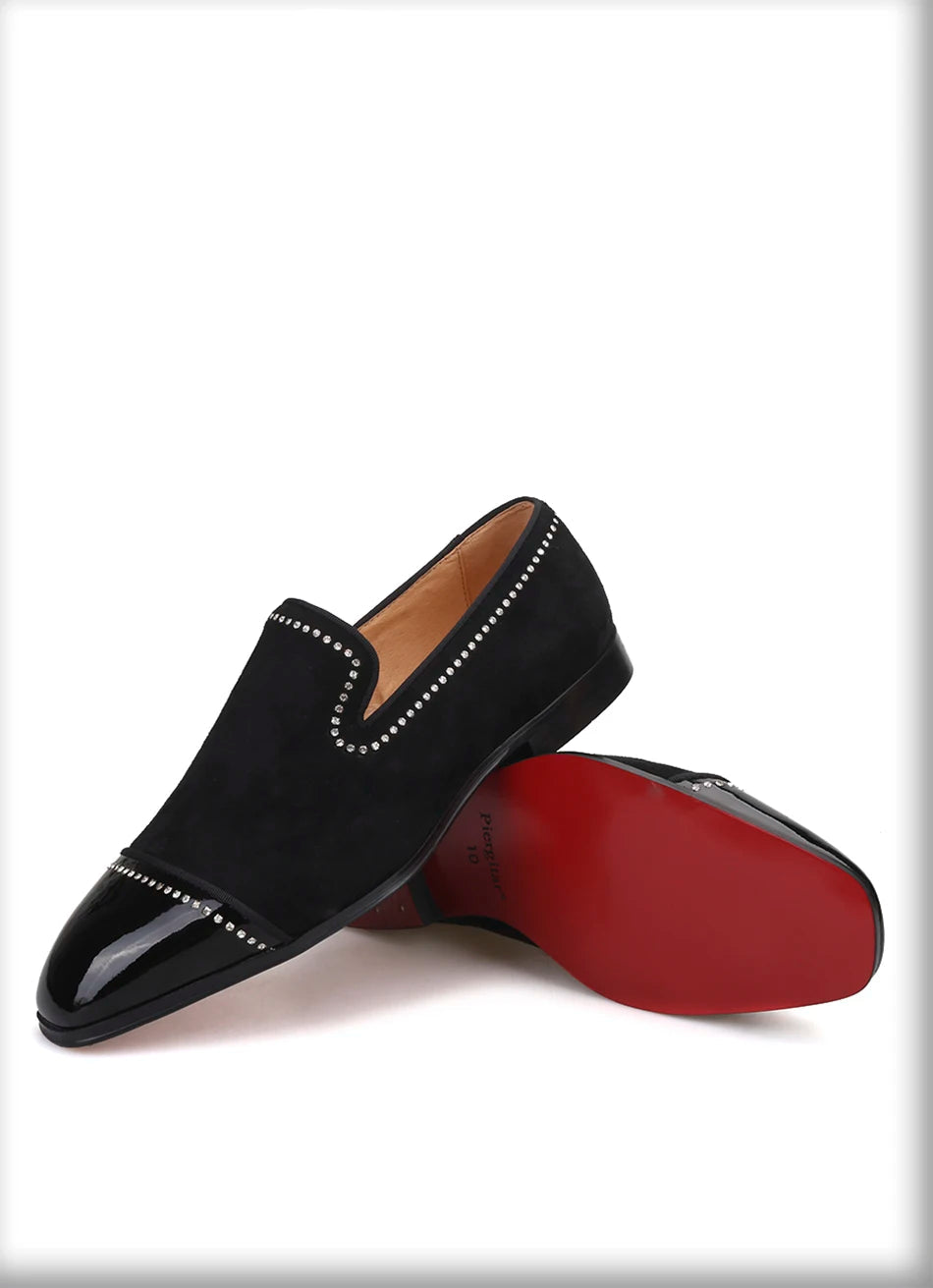 Men's dress shoes and casual shoes in black suede leather with rhinestones