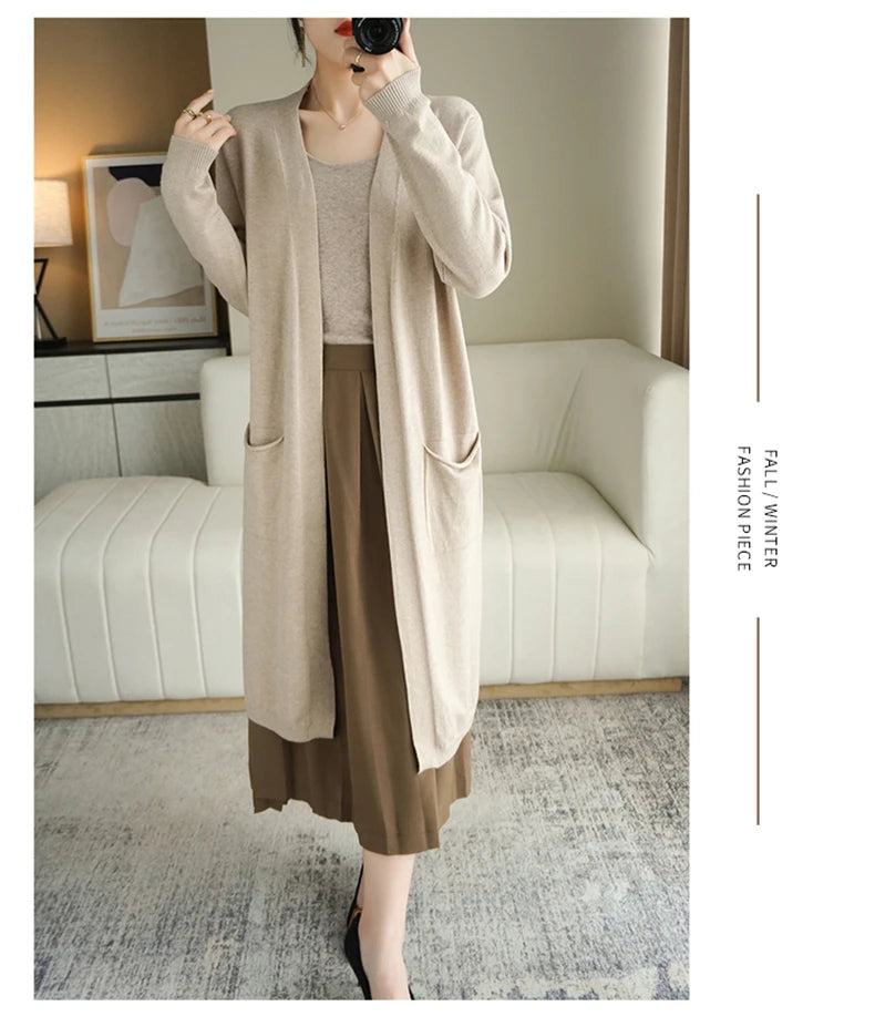 YSC New style Women Knitted Cashmere wool blend Cardigan V collar Super long style Buttonless pocket trim High-quality Cardigan