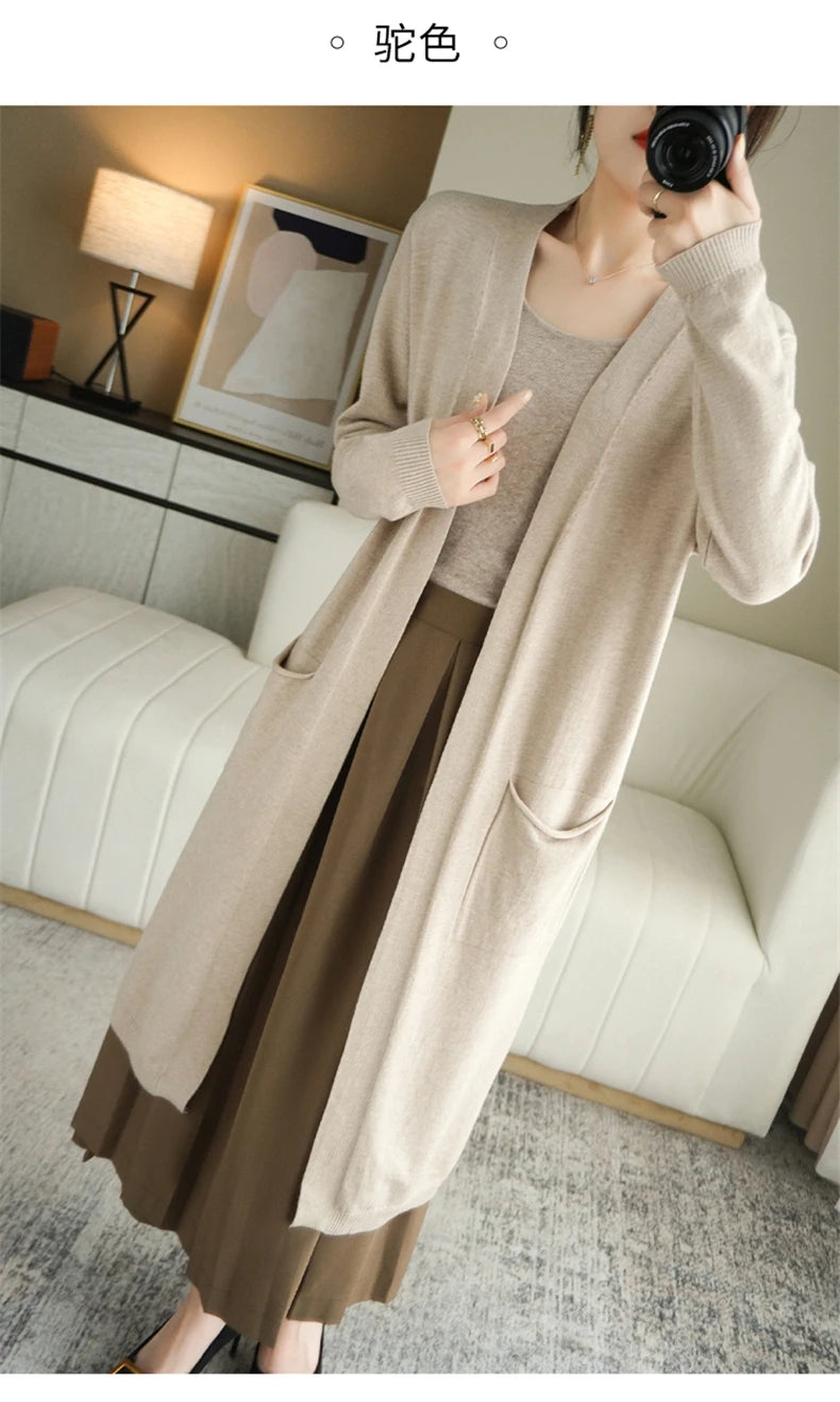 YSC New style Women Knitted Cashmere wool blend Cardigan V collar Super long style Buttonless pocket trim High-quality Cardigan