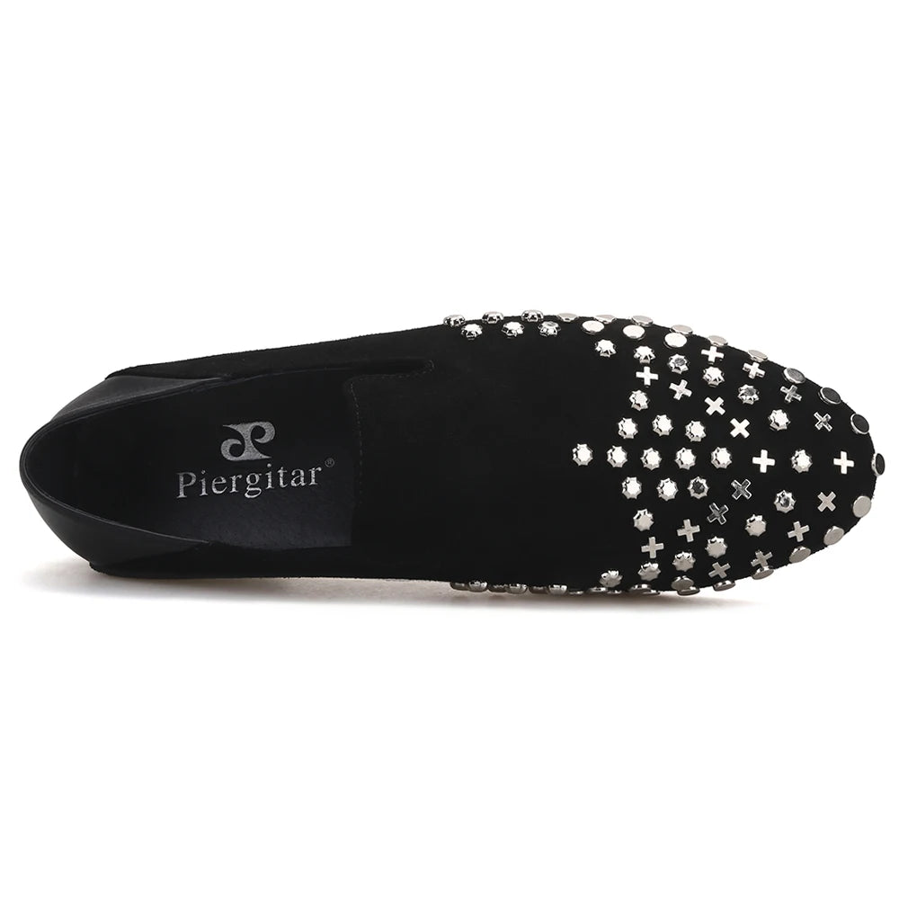 Piergitar handmade black cow leather men metal button smoking slippers fashion men's loafers for wendding and prom plus size