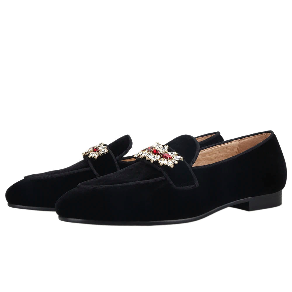 Black Velvet Men Loafers Plus Size Leather Insoles Fashion Prom Men's smoking slippers with Red Color Rhinestone Buckle