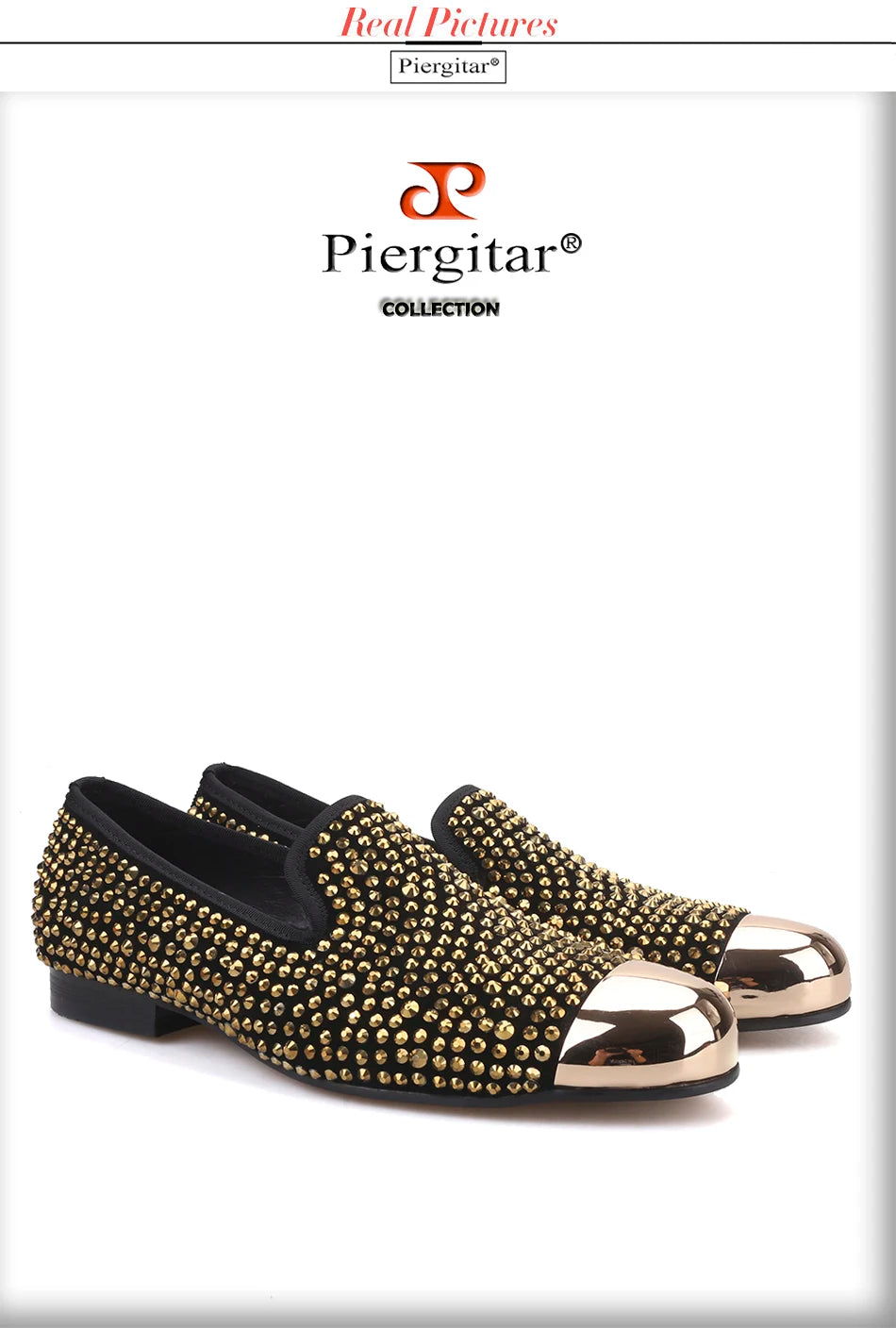Piergitar gold metal toe and crystal men loafers handmade men's leather smoking slippers party and wedding men dress shoes