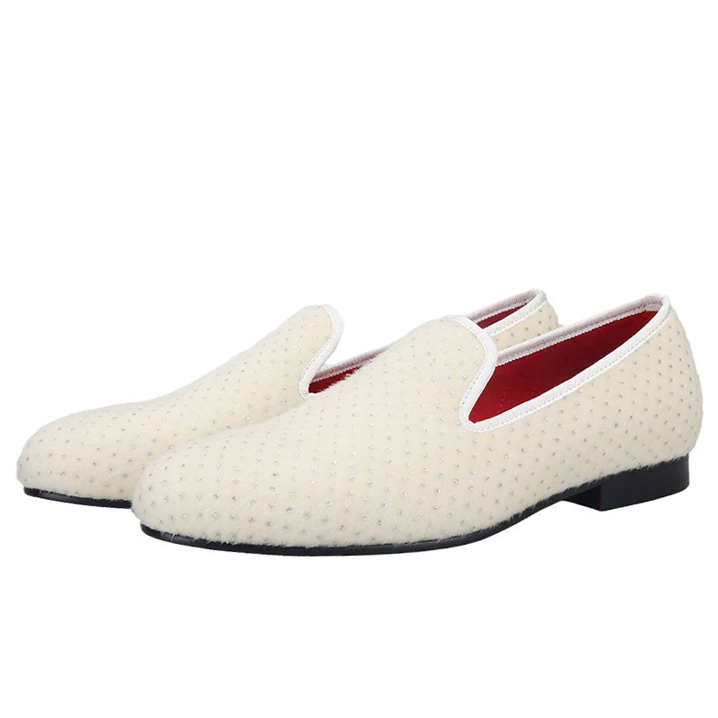 Plus size men's white colored loafers with small Rhinestones.