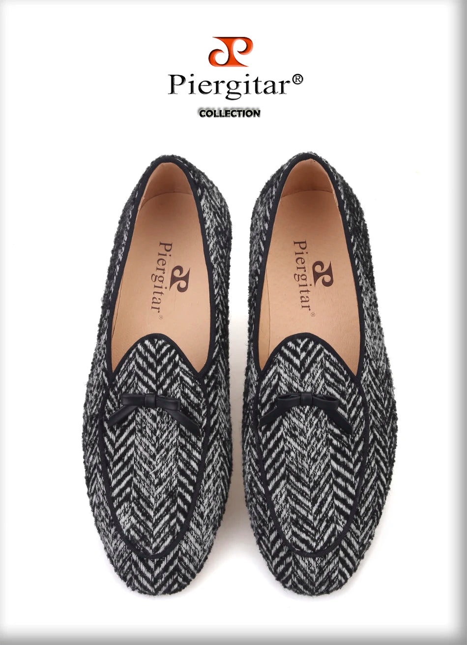 Piergitar handmade grey black knitted fabric men loafers with leather tie classic men's smoking slippers plus size