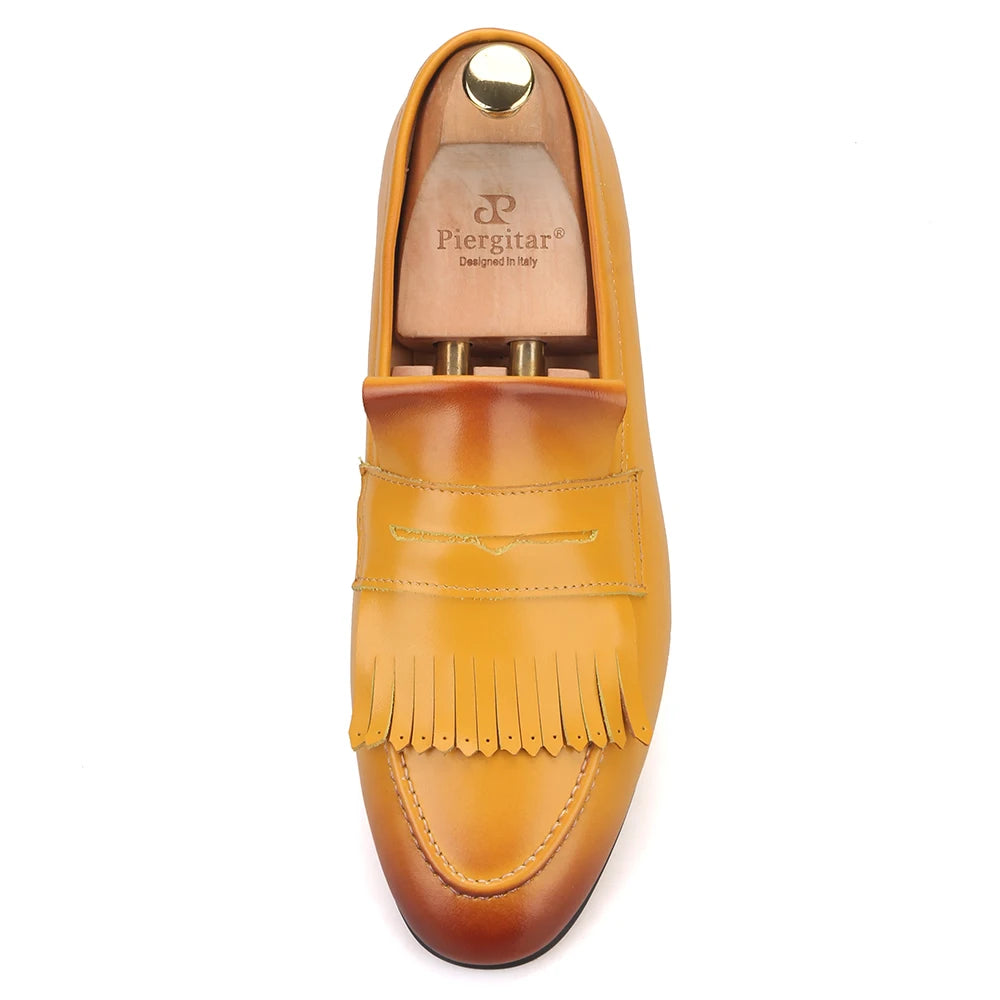 Yellow and Brown Colors Calfskin Slip-On Mens Dress Shoes for Party Handmade Male Smoking slippers