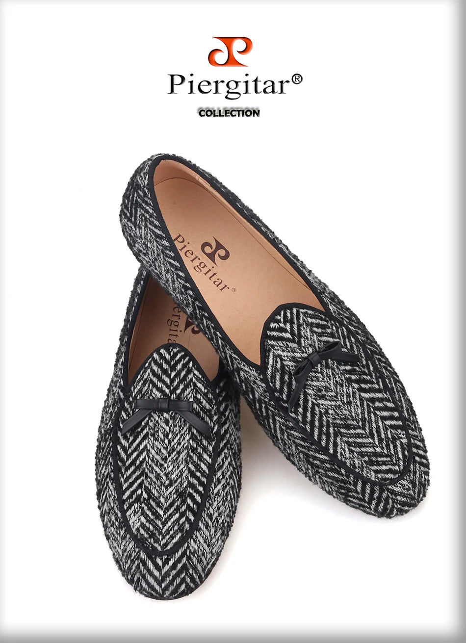 Piergitar handmade grey black knitted fabric men loafers with leather tie classic men's smoking slippers plus size