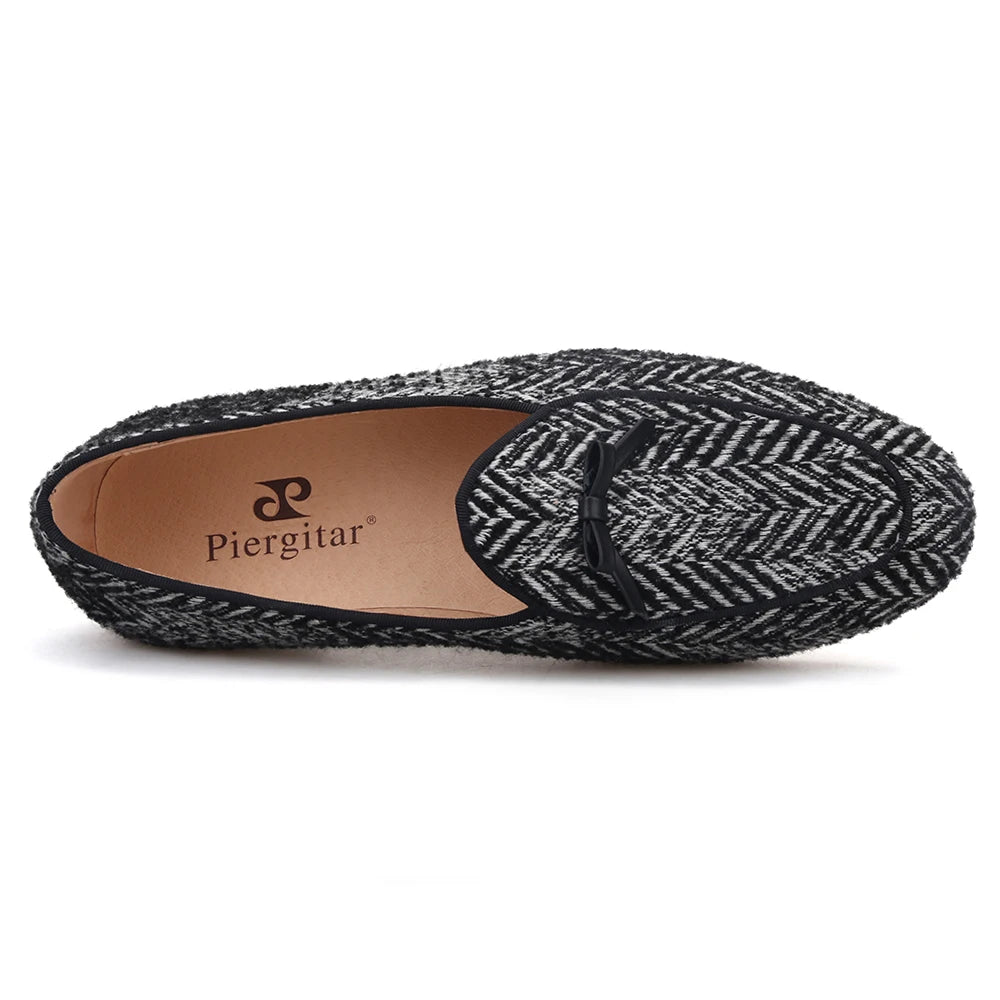 Piergitar handmade grey black knitted fabric men loafers with leather tie classic men's smoking slippers plus size