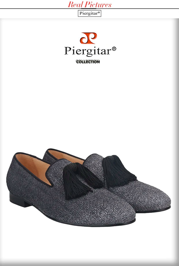 Piergitar New Gray Silver Glitter Fabric Men Moccasin Handmade Tassel Men's Loafers Classic British Style Smoking Slippers
