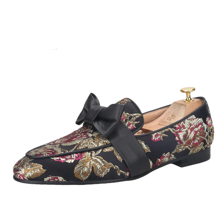New Style Floral Silk Men Moccasin Handmade leather Butterfly-Knot Men’s Flat Shoes Plus Size