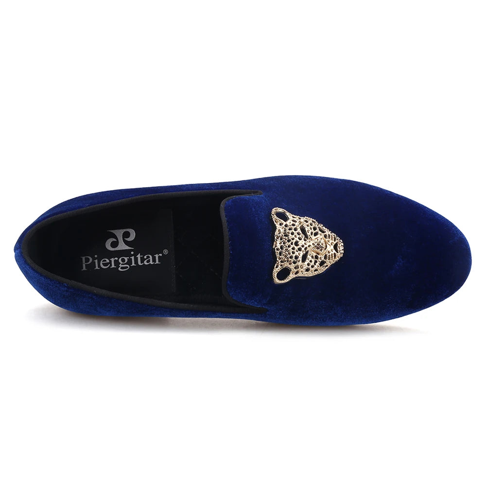 Piergitar leopard metal buckle men velvet shoes fashion party and wedding men loafers handmade men's smoking slippers plus size