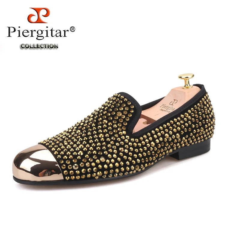 Piergitar gold metal toe and crystal men loafers handmade men's leather smoking slippers party and wedding men dress shoes