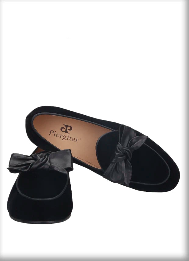 High Quality Men's Smoking Loafers in British Classic Style with Handmade Leather Bow Tie, Black Velvet Moccasin