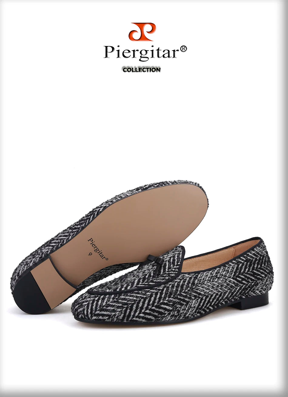 Piergitar handmade grey black knitted fabric men loafers with leather tie classic men's smoking slippers plus size