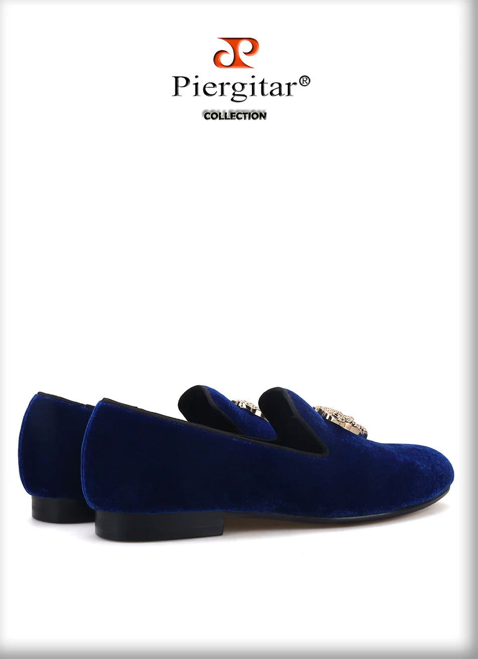 Piergitar leopard metal buckle men velvet shoes fashion party and wedding men loafers handmade men's smoking slippers plus size