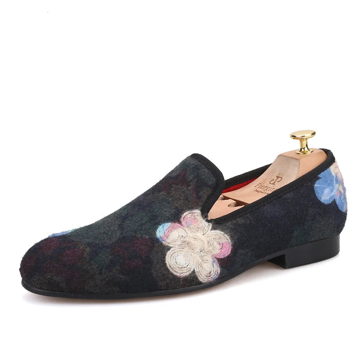 Mix color knitted fabric prom and party men's loafers style ethnic men's flats with flower printing