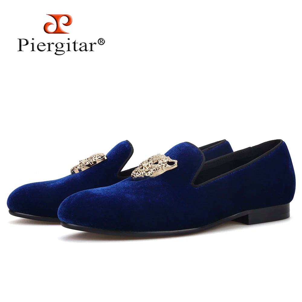 Piergitar leopard metal buckle men velvet shoes fashion party and wedding men loafers handmade men's smoking slippers plus size