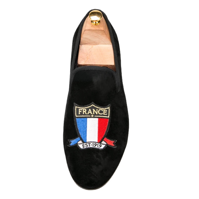 Piergitar Handmade Embroidery Of Four Powerful Football Countries Black Velvet Men Loafers Genuine Leather InSoles And Outsoles