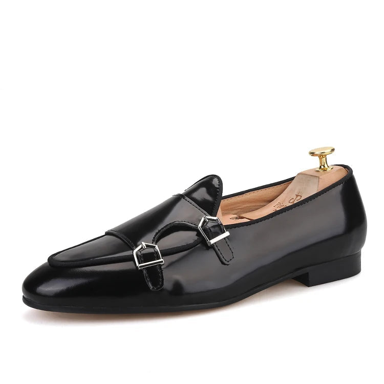 Men's handmade black leather loafers with metal buckle. Fashion Party and Wedding men's dress shoes.