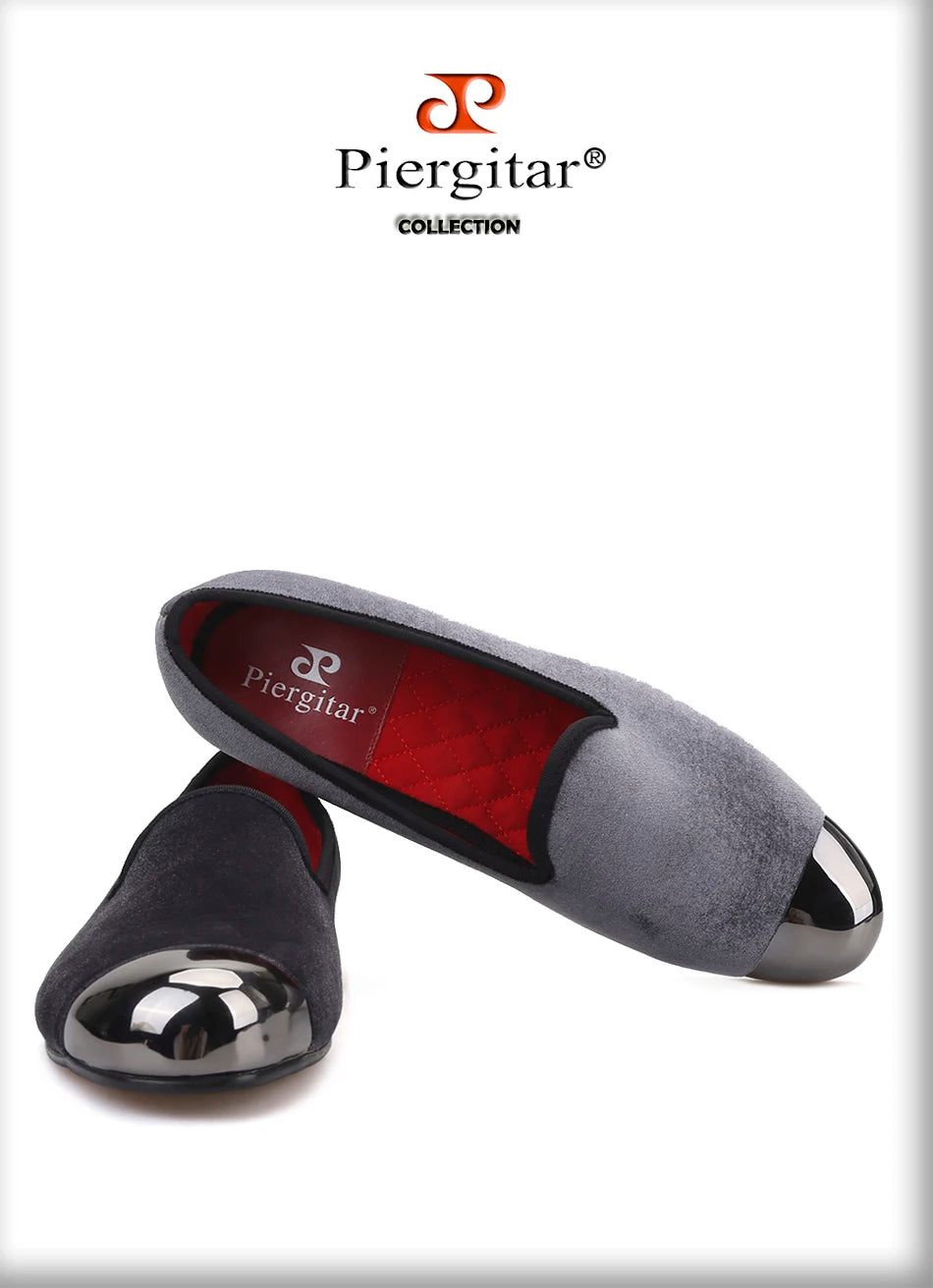 Piergitar gray color men velvet shoes with gun toe metal fashion party and wedding men loafers handmade men's smoking slippers