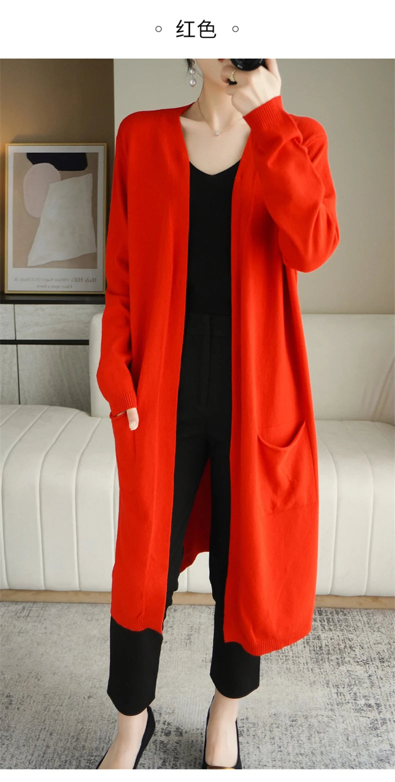 YSC New style Women Knitted Cashmere wool blend Cardigan V collar Super long style Buttonless pocket trim High-quality Cardigan