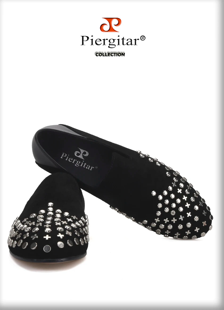 Piergitar handmade black cow leather men metal button smoking slippers fashion men's loafers for wendding and prom plus size