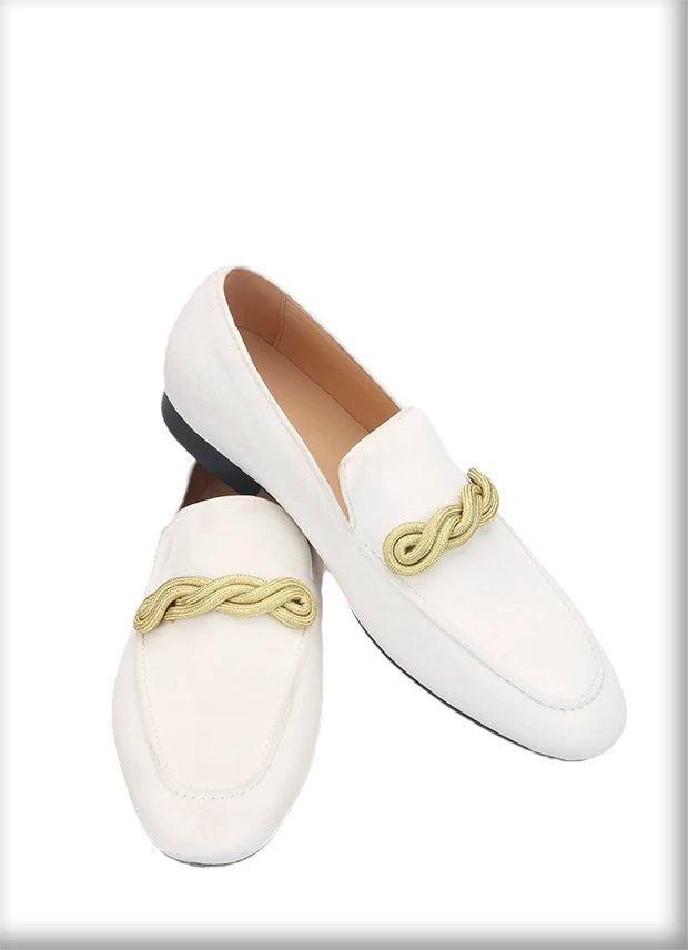 Men's smoking slippers with a gold rape design, made by hand.