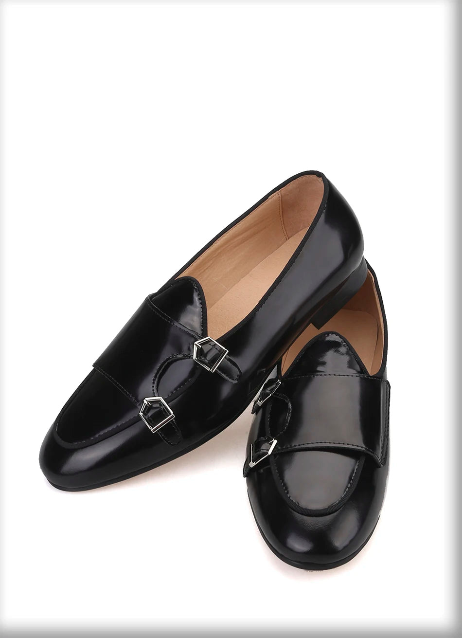 Men's handmade black leather loafers with metal buckle. Fashion Party and Wedding men's dress shoes.