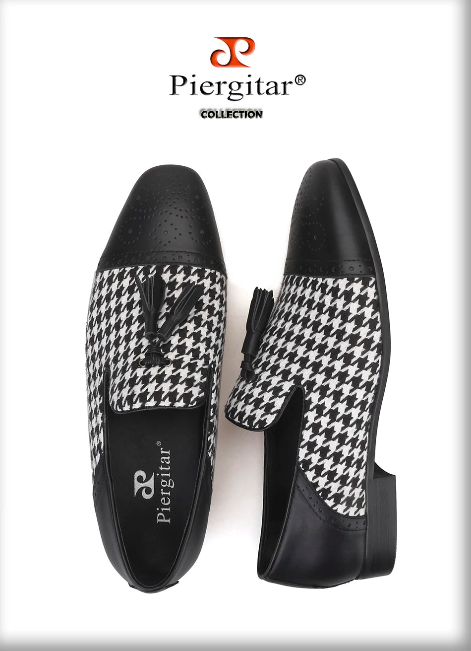 Piergitar brand new design houndstooth pattern men tassel shoes handmade men's loafers for party and prom men smoking slipper
