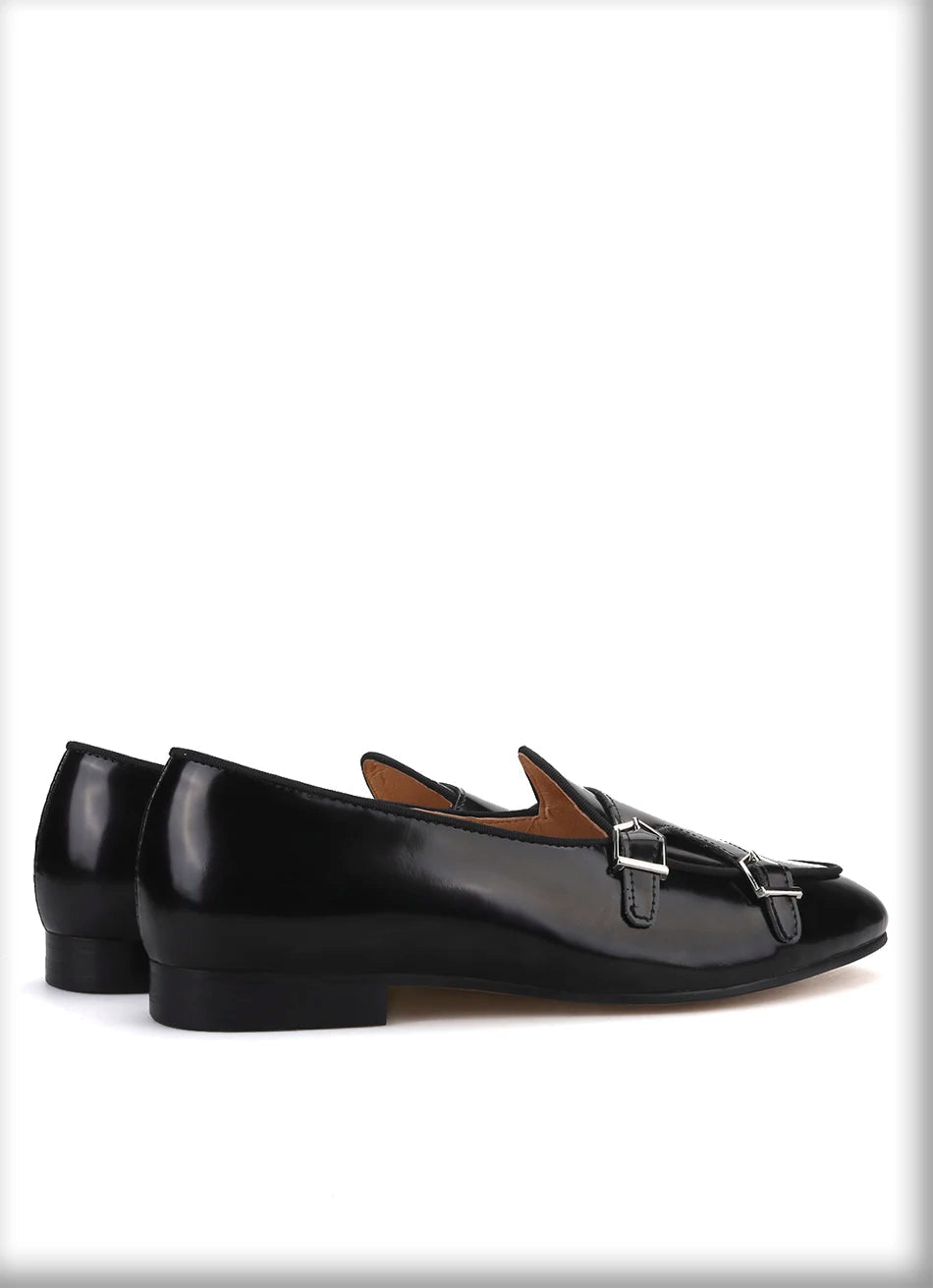 Men's handmade black leather loafers with metal buckle. Fashion Party and Wedding men's dress shoes.