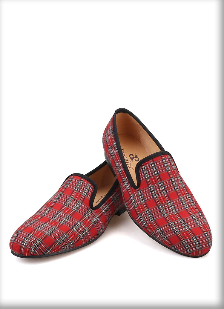 New Handmade Scottish plaid Men Fabric Shoes Men Casual Loafers Plus-Size Classic Smoking Flats