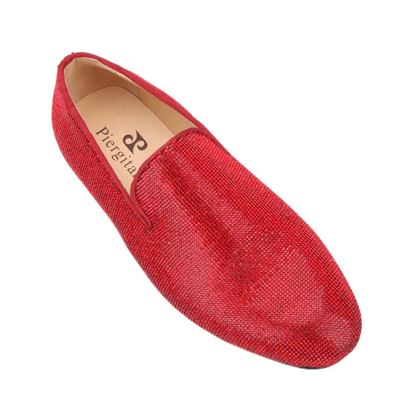 Handmade men's smoking slippers and loafers in red bottoms for weddings and parties.