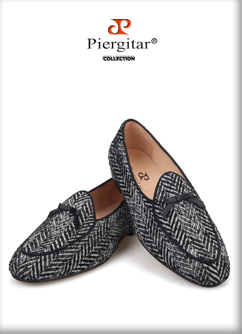 Piergitar handmade grey black knitted fabric men loafers with leather tie classic men's smoking slippers plus size