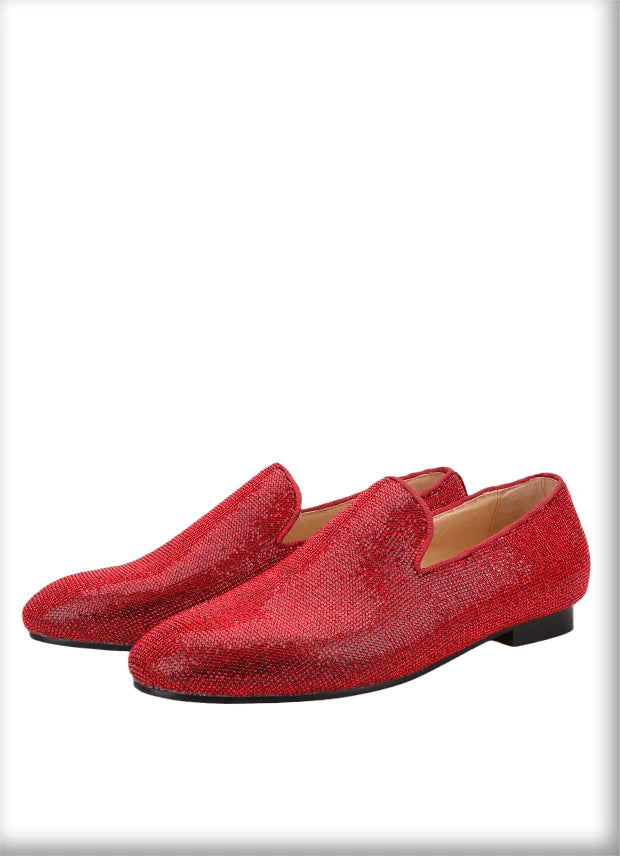 Handmade men's smoking slippers and loafers in red bottoms for weddings and parties.