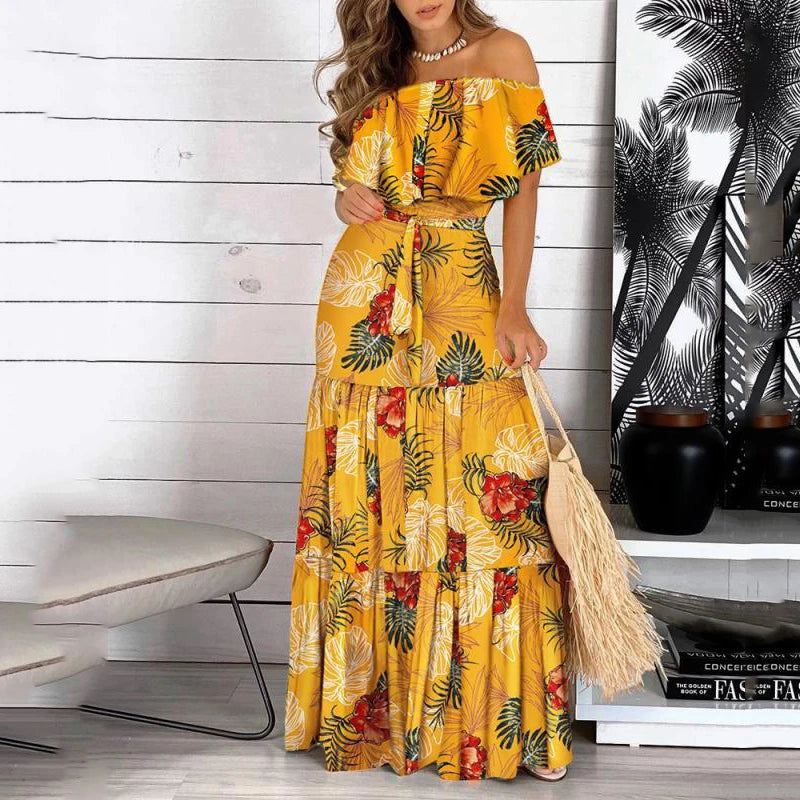 Women's Print Ruffle Maxi Sundress Dress