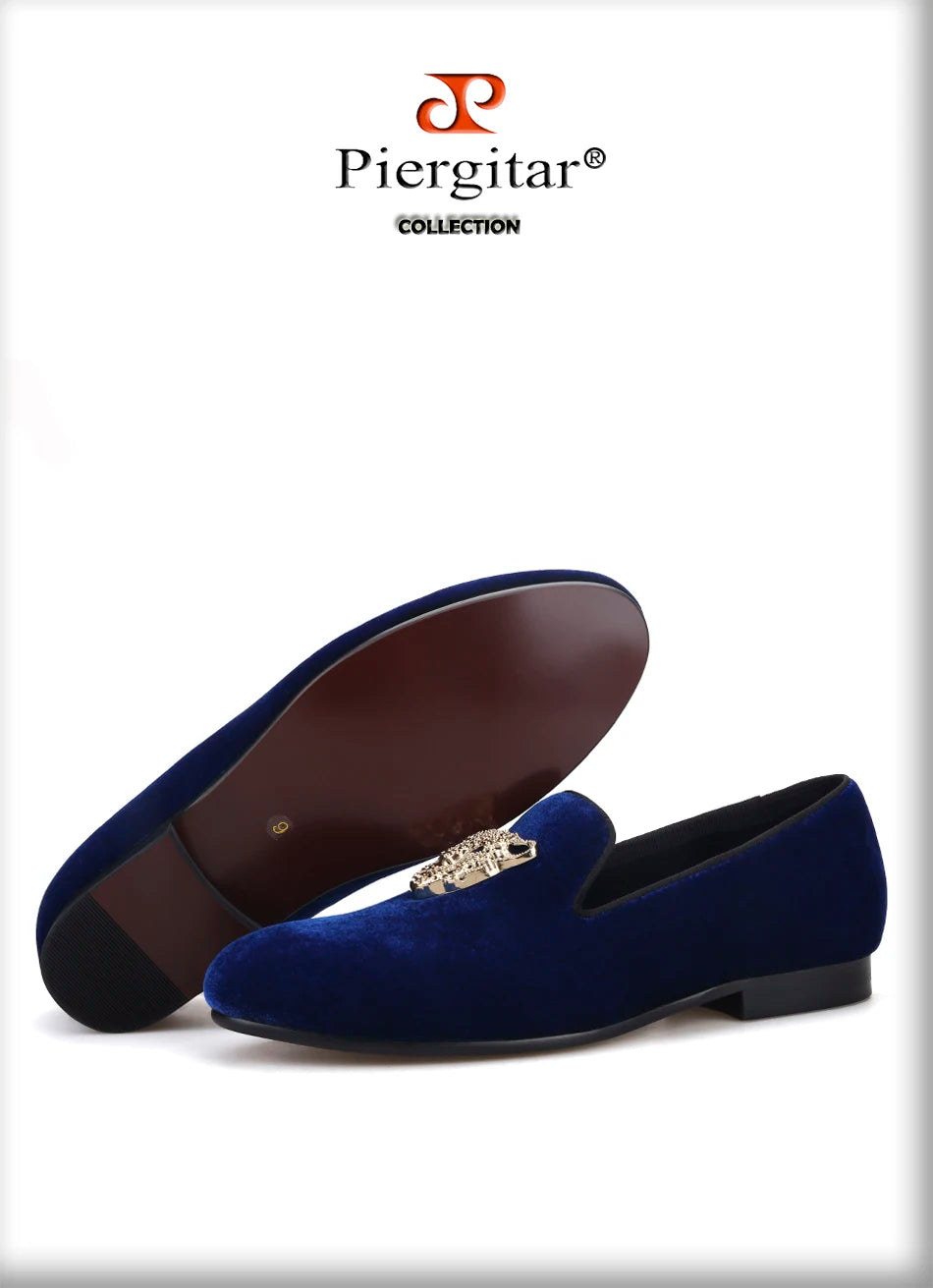 Piergitar leopard metal buckle men velvet shoes fashion party and wedding men loafers handmade men's smoking slippers plus size
