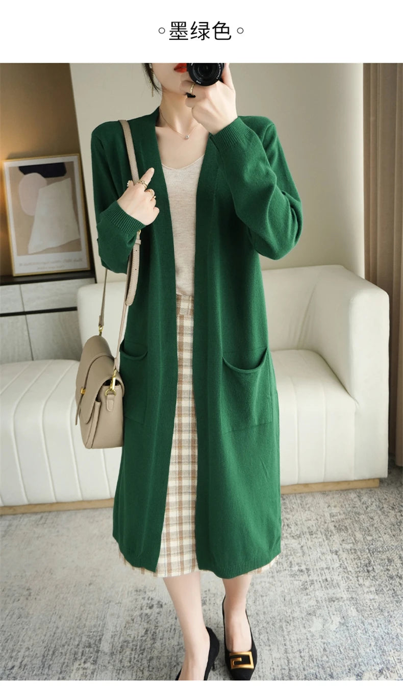 YSC New style Women Knitted Cashmere wool blend Cardigan V collar Super long style Buttonless pocket trim High-quality Cardigan