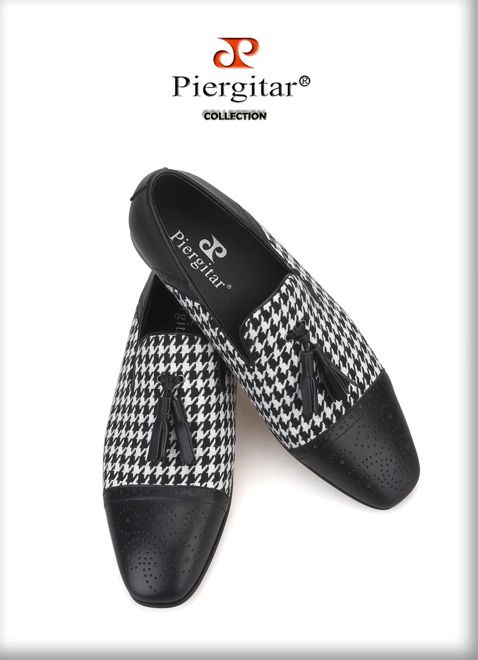 Piergitar brand new design houndstooth pattern men tassel shoes handmade men's loafers for party and prom men smoking slipper