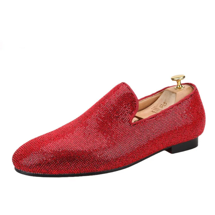 Handmade men's smoking slippers and loafers in red bottoms for weddings and parties.