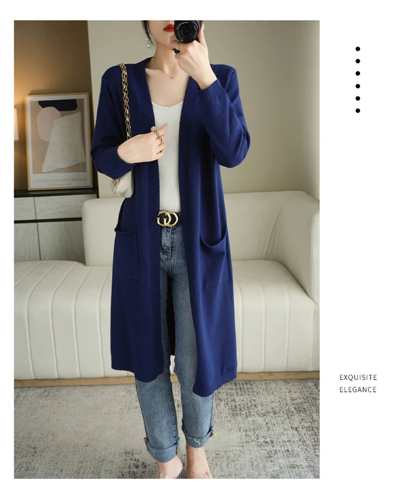 YSC New style Women Knitted Cashmere wool blend Cardigan V collar Super long style Buttonless pocket trim High-quality Cardigan