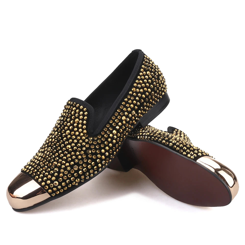 Piergitar gold metal toe and crystal men loafers handmade men's leather smoking slippers party and wedding men dress shoes